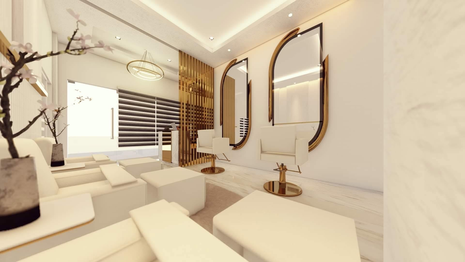 Elegant cream and gold beauty lounge interior